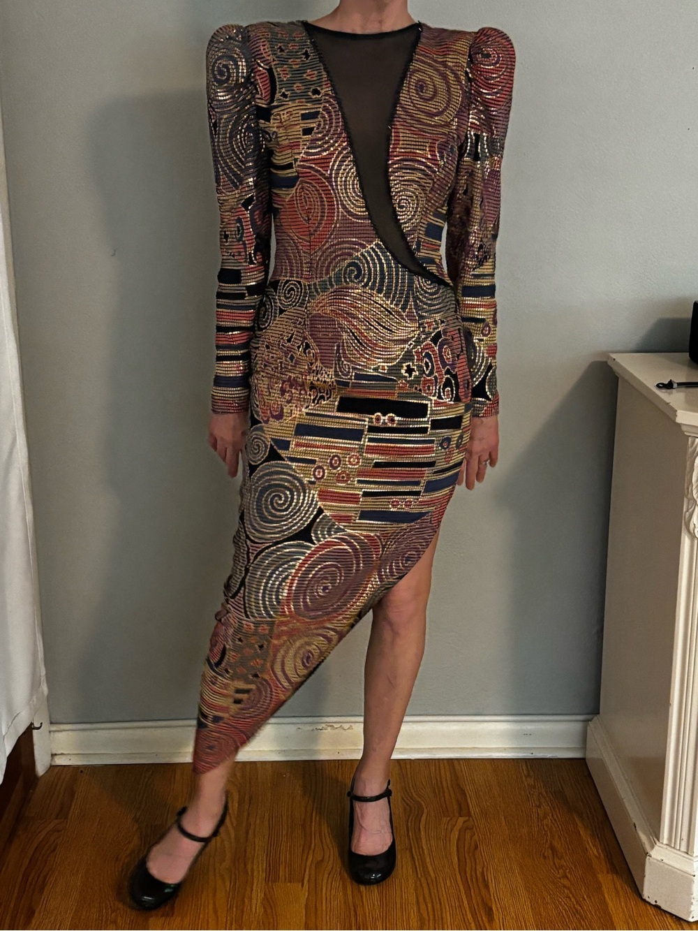 VIntage CACHE small asymmetrical GLAM goth metallic beaded midi dress 90’s Y2K